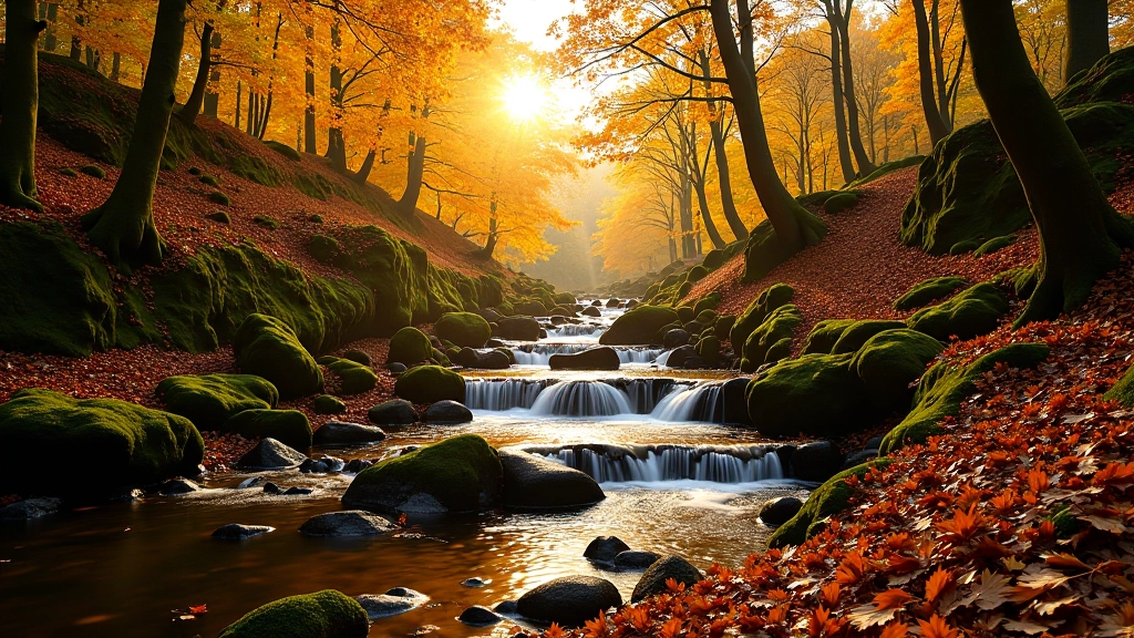 Autumn woodland scene with golden light filtering through tree canopy, fallen leaves covering forest floor, warm seasonal colors