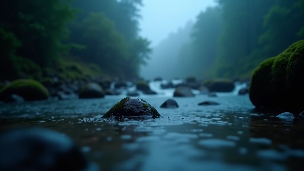 Camera lens mounted on wooden surface near misty forest waterfall with water droplets on lens