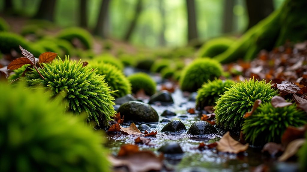 Close-up of woodland forest floor with thick moss, fallen leaves, and organic debris showing natural pathways through dense forest