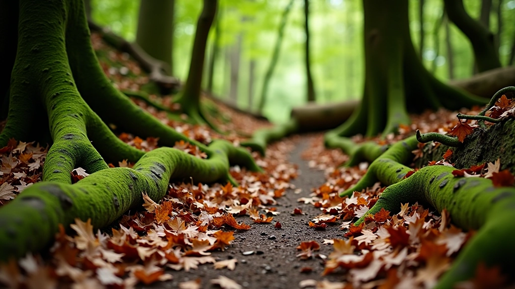 Rich woodland floor with deep layer of fallen leaves, moss, tree roots, natural pathways through ancient forest creating organic trail system