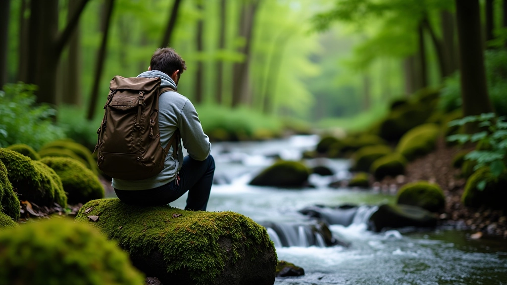 Hiker sitting on moss-covered rock beside flowing stream in green forest glen, taking rest break