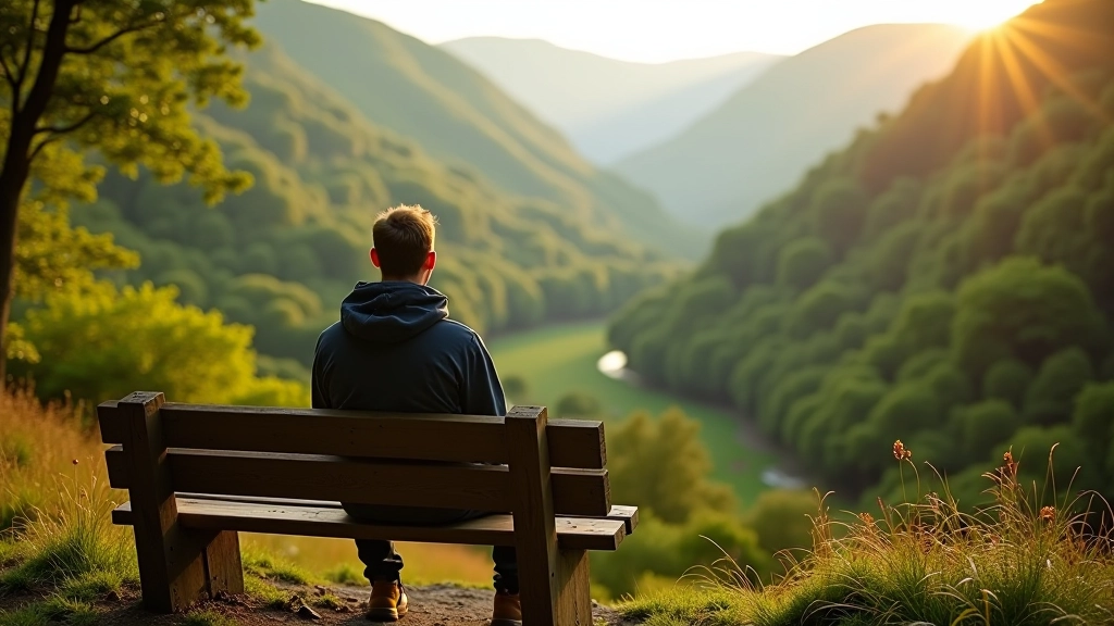 Hiker resting on a wooden bench overlooking a valley with mountains and forest landscape