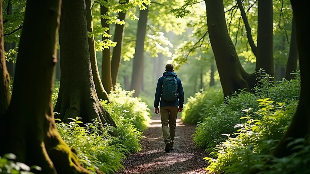 Hiker standing on narrow woodland path surrounded by tall trees, dappled sunlight filtering through canopy, ancient forest setting