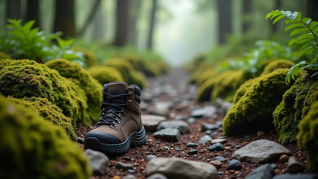 Hiking boots on rocky forest floor with moss and ferns surrounding the path in misty woodland
