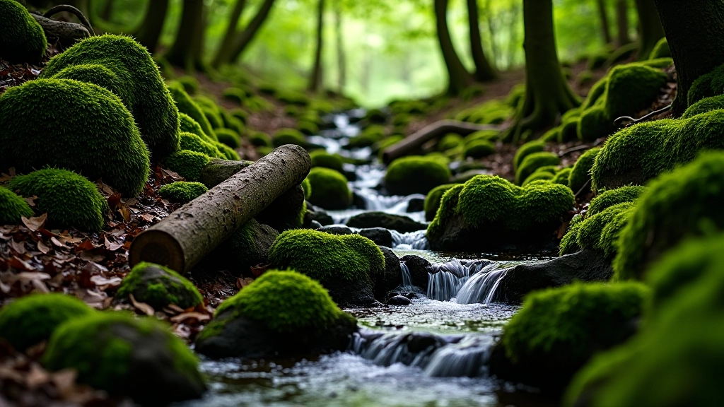 Woodland stream with moss-covered rocks and tree roots creating natural steps along the water