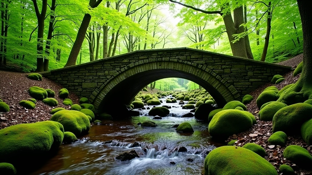Ancient stone bridge spanning across forest stream with moss-covered railings and water flowing beneath