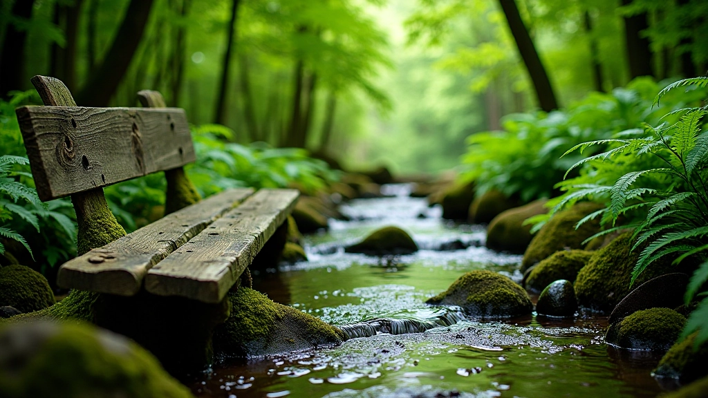 Wooden bench positioned beside a flowing woodland stream, surrounded by green vegetation and tree shade, peaceful natural setting