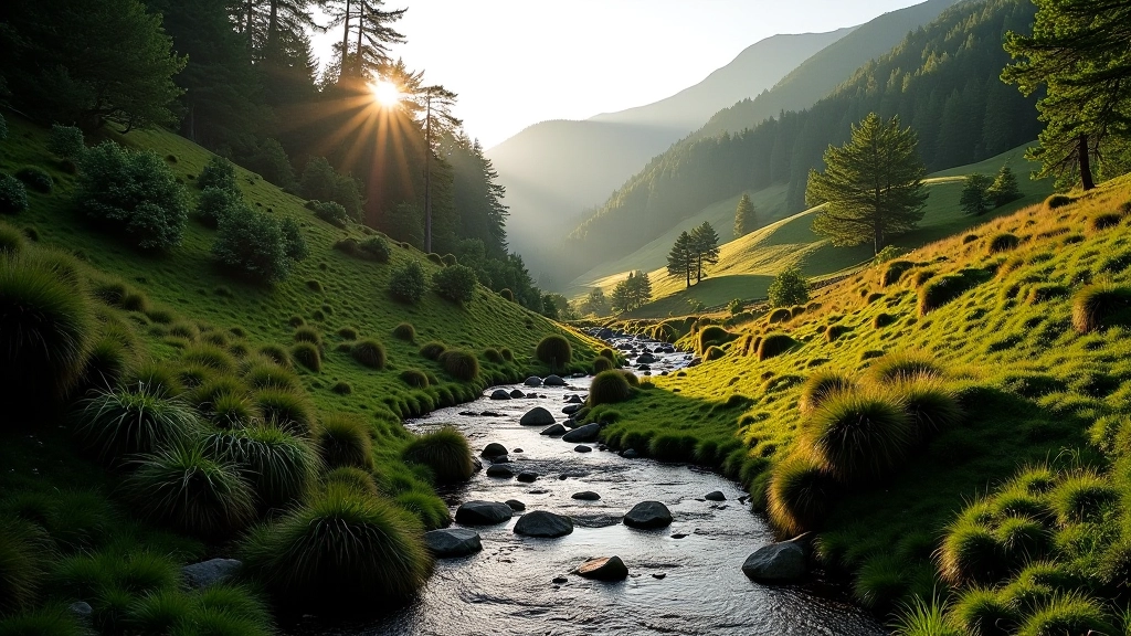 Scenic Wicklow valley landscape with flowing stream and forested mountains