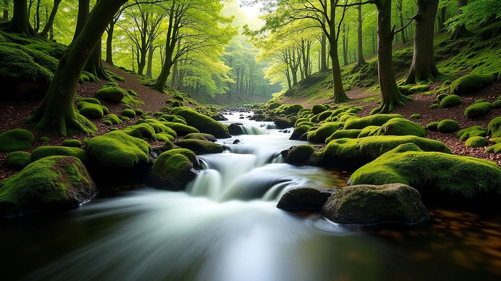 Two rivers merging into one waterway with trees reflected in calm water surface