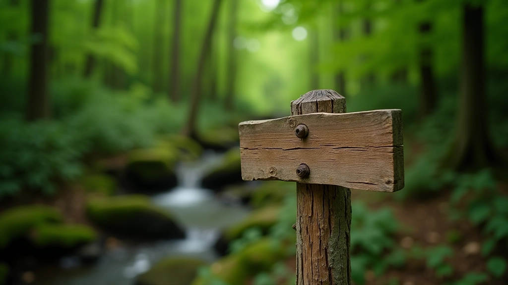 Weathered wooden trail marker sign nailed to ancient tree trunk in dense Wicklow forest