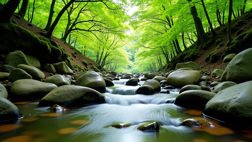Shallow forest stream with clear water, stones visible through water, overhanging willow branches and dappled light creating peaceful woodland scene